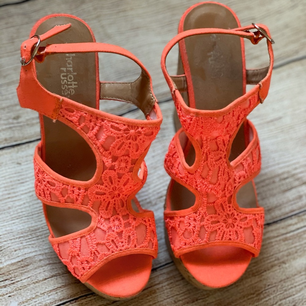 Bright orange laced wedges